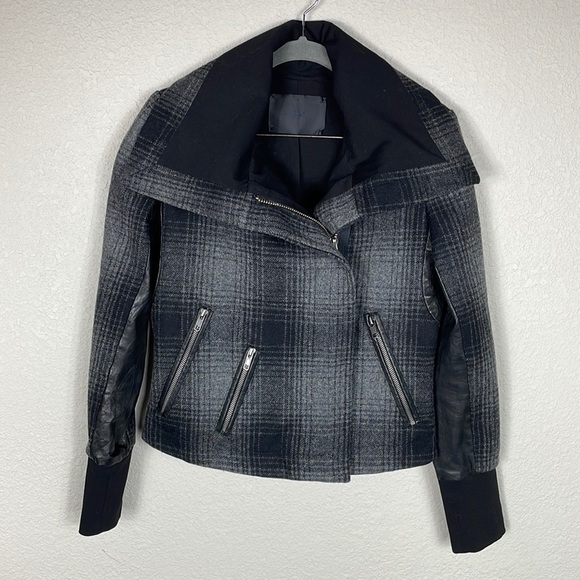 ALC Plaid Funnel Biker Moto Jacket Wool Black Gray Dark Academia Tartan Sz 4 - Picture 1 of 11